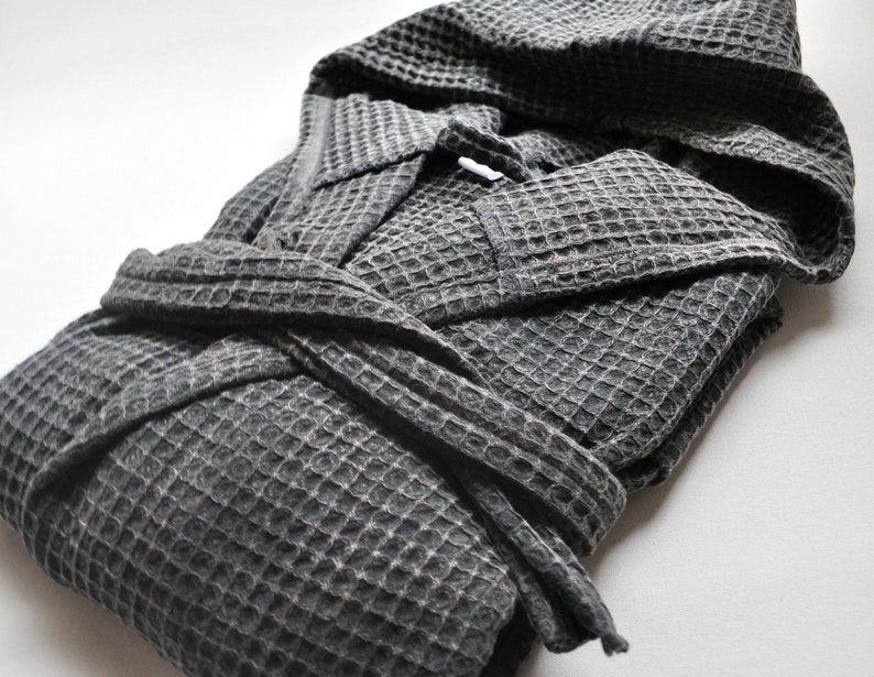Turkish robe with hood waffle weave stone wash faded black Etsy