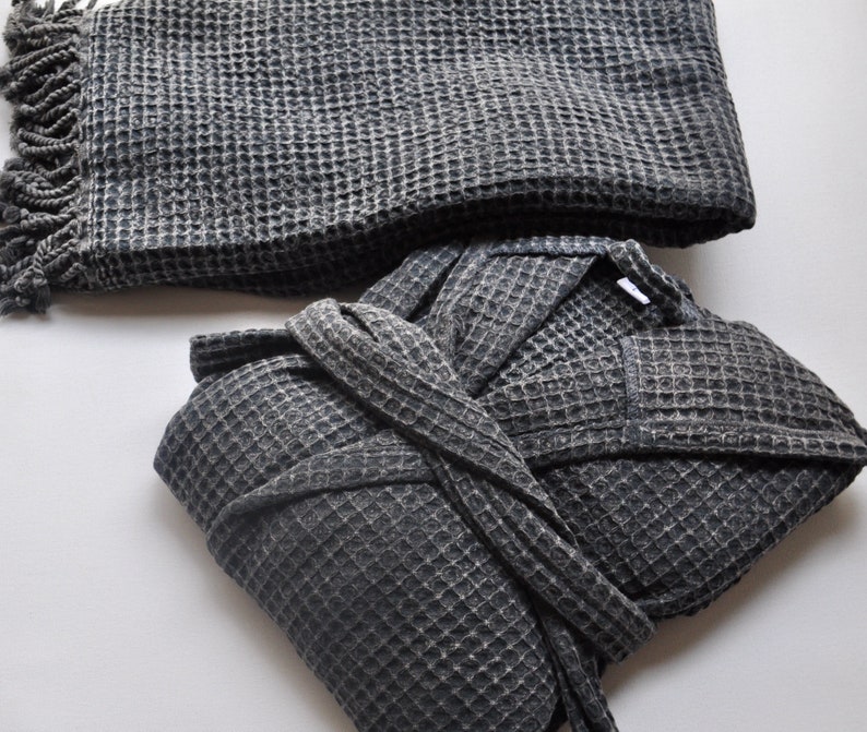 Turkish robe with hood waffle weave stone wash faded black Etsy