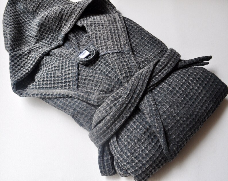 Turkish robe with hood waffle weave stone wash faded black Etsy