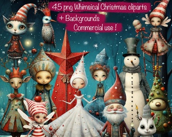 Holiday Christmas Whimsy set of 45 Png Clipart + 20 Backgrounds - Card Making, Collage Kit, Junk Journal, Scrapbook Supplies, Commercial Use