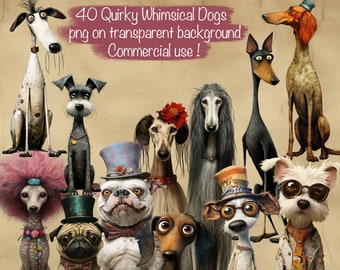 40 oryginalnych, fantazyjnych klipartów z psami + arkusze do druku - do tworzenia kartek, artykułów do scrapbookingu, stron do dziennika, sublimacji, użytku komercyjnego!