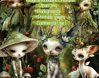 40 Fantasy Spring Magical Woodland Creatures Clipart Png + 12 Backgrounds - For Collage Kit, Junk Journal, Scrapbook Kit, Commercial use!