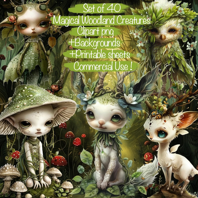 May include: A set of 40 digital illustrations of magical woodland creatures. The illustrations feature fairies, owls, and other mythical creatures with intricate details and a whimsical style. The text "Set of 40 Magical Woodland Creatures Clipart png +Backgrounds +Printable sheets Commercial Use!" is displayed on the image.