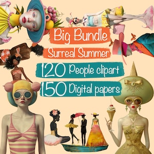Gran paquete de verano surrealista, 120 imágenes prediseñadas de personas PNG, 150 documentos digitales, 7 artículos de verano de mi tienda, ¡todo en 1 paquete, uso comercial!