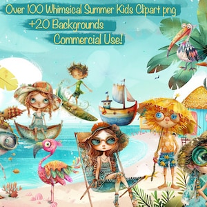 Paquete de imágenes prediseñadas de verano png, más de 100 niños y objetos de playa de verano extravagantes + 20 fondos, creación de tarjetas, kit de collage, arte digital.