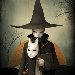 May include: A digital illustration of a figure in a black coat and wide-brimmed hat, wearing a white mask with red eyes. A second white mask with rabbit ears hangs from a necklace with a pumpkin pendant. The background features a muted color palette with a large orange circle.
