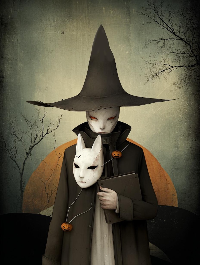 May include: A digital illustration of a figure in a black coat and wide-brimmed hat, wearing a white mask with red eyes. A second white mask with rabbit ears hangs from a necklace with a pumpkin pendant. The background features a muted color palette with a large orange circle.
