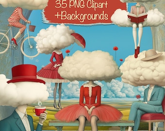 Op de afbeelding: Een digitale illustratie van mensen met wolken als hoofden. De mensen dragen verschillende outfits en staan in verschillende poses. De achtergrond is een blauwe lucht met witte wolken. De tekst "Clouded Minds 35 PNG Clipart +Backgrounds" staat bovenaan de afbeelding.