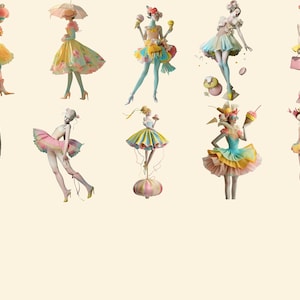 May include: A collection of whimsical figures wearing colourful, layered dresses and hats. Some figures hold ice cream cones, while others hold umbrellas or balloons. The figures are set against a light beige background.