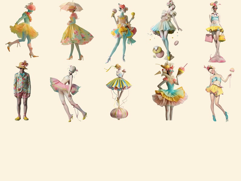 May include: A collection of whimsical figures wearing colourful, layered dresses and hats. Some figures hold ice cream cones, while others hold umbrellas or balloons. The figures are set against a light beige background.