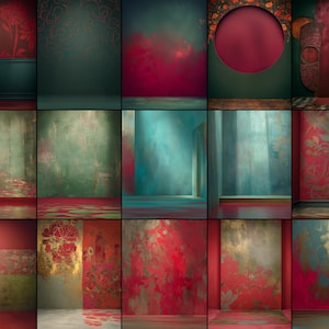 Puede incluir: Una colecci&oacute;n de fondos de arte digital con una est&eacute;tica vintage. Cada panel presenta un dise&ntilde;o &uacute;nico, que incluye patrones florales, paredes texturizadas y composiciones abstractas. La paleta de colores incluye rojos intensos, verdes y acentos dorados, creando una sensaci&oacute;n rica y art&iacute;stica.
