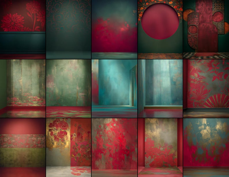 Puede incluir: Una colecci&oacute;n de fondos de arte digital con una est&eacute;tica vintage. Cada panel presenta un dise&ntilde;o &uacute;nico, que incluye patrones florales, paredes texturizadas y composiciones abstractas. La paleta de colores incluye rojos intensos, verdes y acentos dorados, creando una sensaci&oacute;n rica y art&iacute;stica.
