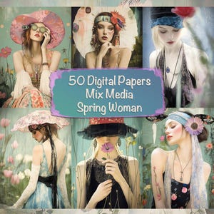 50 papiers numériques Spring Woman, matériaux de construction variés, fabrication de cartes DIY, fournitures pour journal indésirable, kit de scrapbooking, collage, usage commercial !