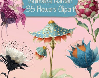 35 PNG Whimsical Flowers Clipart Bundle , DIY Card Making, Junk Journal Kit, Scrapbooking Supplies, Commercial use!