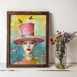 May include: A woman wearing a pink and white top hat with a blue band, against a blue and green background. She is wearing a pink and yellow dress and has a pink and white collar. There are small birds perched on top of the hat.