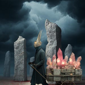 Op de afbeelding: Een surrealistisch digitaal kunstwerk toont een figuur met een gehoornde masker die een kar vol gloeiende roze kristallen trekt. De sc&egrave;ne speelt zich af tegen een achtergrond van donkere, stormachtige wolken en grote rotsformaties.