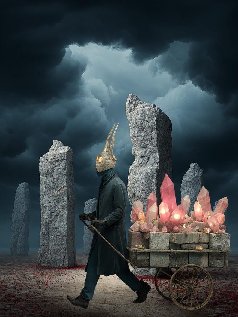 Op de afbeelding: Een surrealistisch digitaal kunstwerk toont een figuur met een gehoornde masker die een kar vol gloeiende roze kristallen trekt. De sc&egrave;ne speelt zich af tegen een achtergrond van donkere, stormachtige wolken en grote rotsformaties.