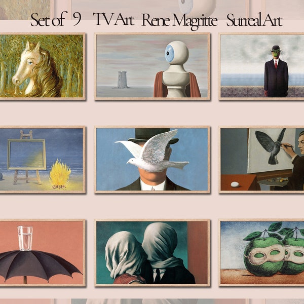 Samsung Frame TV Art, Set of 9, René Magritte surreal art, The Son of man, The Lovers, Surrealist paintings, digital download, 4k TV