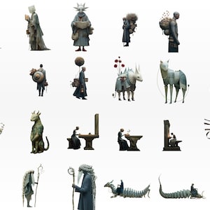 Op de afbeelding: Een verzameling surrealistische digitale kunstillustraties met verschillende figuren en wezens. De afbeeldingen tonen personages in lange jassen, sommige met hoofddeksels, en fantastische dieren. Het kleurenpalet is gedempt, met aardetinten en een vleugje fantasie.
