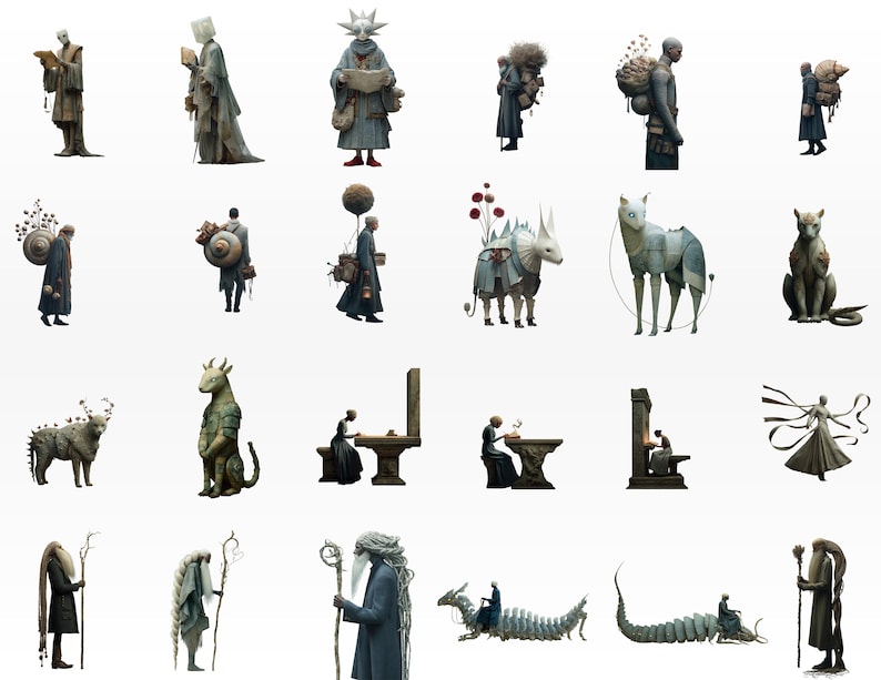 Op de afbeelding: Een verzameling surrealistische digitale kunstillustraties met verschillende figuren en wezens. De afbeeldingen tonen personages in lange jassen, sommige met hoofddeksels, en fantastische dieren. Het kleurenpalet is gedempt, met aardetinten en een vleugje fantasie.