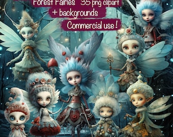 Könnte beinhalten: Whimsical Christmas Winter Forest Fairies 35 png clipart + Hintergründe Kommerzielle Nutzung! Eine Gruppe von acht Feen mit blauen und weißen Flügeln, die winterliche Outfits tragen, stehen in einer Waldkulisse.