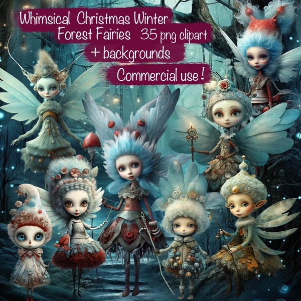 Set of 35 Quirky  Whimsical Christmas Fairies clipart png on transparent background + 20 backgrounds + printable sheets, Commercial use