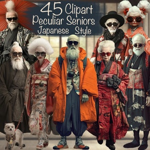 Paquete de 45 imágenes prediseñadas de personas mayores de estilo japonés peculiar + 25 fondos, para tarjetas, diarios basura, álbumes de recortes y más. ¡Uso comercial!