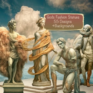 May include: Four classical-style statues against a cloudy sky. The text reads: Gods Fashion Statues 55 Designs +Backgrounds. The figures wear draped fabrics in peach, gold, and textured grey tones, standing on stone platforms in a celestial setting.
