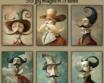 May include: Six whimsical illustrations of men with elaborate mustaches and hats. Each illustration is set against a different background, including a cloudy sky, a floral pattern, and a textured wall. The men are all wearing different outfits, including a red jacket, a blue jacket, and a black jacket. The illustrations are in a cartoon style and have a whimsical feel.