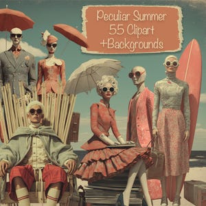 Peculiar Summer People - zestaw 55 clipartów + 15 teł, tworzenie kartek DIY, zestaw do prowadzenia dziennika śmieci, artykuły do scrapbookingu, do użytku komercyjnego!