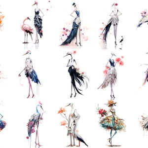 Pu&ograve; includere: Un'illustrazione digitale di 12 donne che indossano diversi stili di abiti. Ogni donna &egrave; raffigurata come una gru con un collo e gambe lunghe. Gli abiti sono colorati e presentano motivi floreali. Lo sfondo &egrave; una tela bianca con schizzi di colore simili all'acquerello.