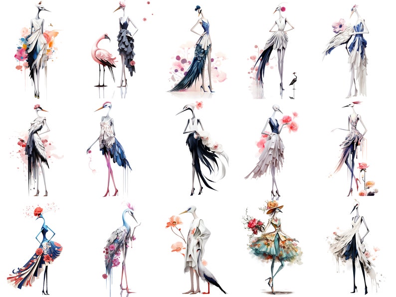 Pu&ograve; includere: Un'illustrazione digitale di 12 donne che indossano diversi stili di abiti. Ogni donna &egrave; raffigurata come una gru con un collo e gambe lunghe. Gli abiti sono colorati e presentano motivi floreali. Lo sfondo &egrave; una tela bianca con schizzi di colore simili all'acquerello.