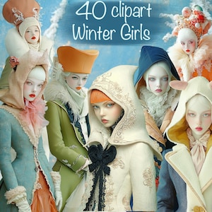 Pacchetto di 40 clipart + 20 sfondi per ragazze alla moda invernale, per biglietti, diari, album, libri, collage, uso commerciale!