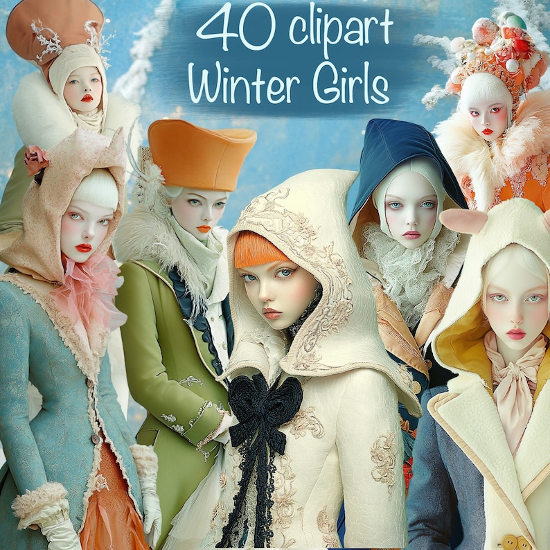 Puede incluir: Una colecci&oacute;n de 40 im&aacute;genes de clipart de chicas de invierno. Las im&aacute;genes presentan chicas con diferentes prendas de invierno, incluyendo sombreros, abrigos y bufandas. Las chicas se representan en una variedad de poses y expresiones. Las im&aacute;genes son perfectas para usar en scrapbooking, creaci&oacute;n de tarjetas y otros proyectos de manualidades.
