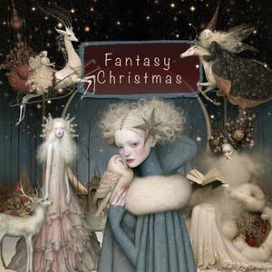 Könnte beinhalten: Eine digitale Illustration mit dem Titel Fantasy Christmas, die eine zentrale Figur in einem blauen Umhang mit einer Eule zeigt, umgeben von ätherischen Wesen, einem Hirsch, einer lesenden Figur und einem von einem Hirsch gezogenen Schlitten.