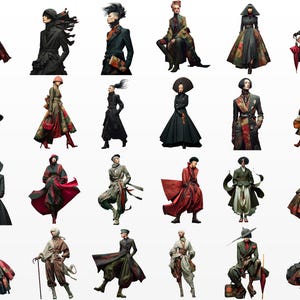 Puede incluir: Una colecci&oacute;n de ilustraciones de moda que muestran varios atuendos. Los dise&ntilde;os presentan abrigos largos, vestidos y conjuntos en una gama de colores, incluyendo negro, rojo, verde y estampados florales. Los estilos var&iacute;an.