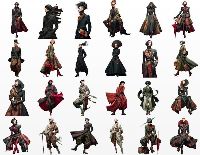 Puede incluir: Una colecci&oacute;n de ilustraciones de moda que muestran varios atuendos. Los dise&ntilde;os presentan abrigos largos, vestidos y conjuntos en una gama de colores, incluyendo negro, rojo, verde y estampados florales. Los estilos var&iacute;an.