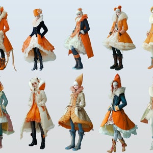 Puede incluir: Diez mu&ntilde;ecas con diferentes atuendos de color naranja y blanco con ribetes de piel. Las mu&ntilde;ecas llevan diferentes sombreros y botas. Algunas de las mu&ntilde;ecas llevan abrigos, mientras que otras llevan vestidos.
