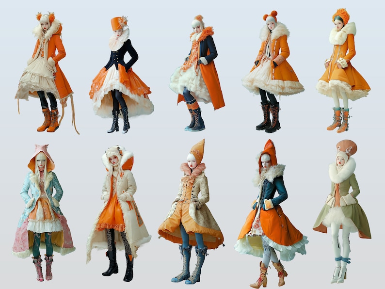Puede incluir: Diez mu&ntilde;ecas con diferentes atuendos de color naranja y blanco con ribetes de piel. Las mu&ntilde;ecas llevan diferentes sombreros y botas. Algunas de las mu&ntilde;ecas llevan abrigos, mientras que otras llevan vestidos.