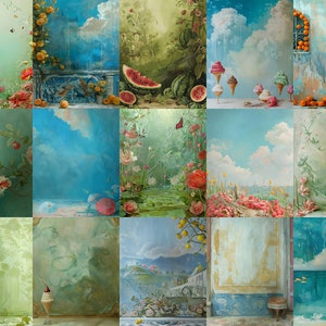 May include: A collage of 12 different digital backgrounds featuring various nature scenes, including flowers, water, and sky. The backgrounds are painted in a whimsical style with soft colours and textures.