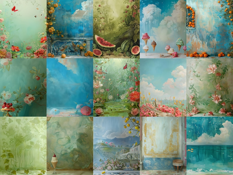 May include: A collage of 12 different digital backgrounds featuring various nature scenes, including flowers, water, and sky. The backgrounds are painted in a whimsical style with soft colours and textures.