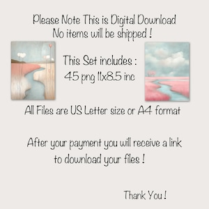 Puede incluir: Un conjunto de descarga digital de 45 ilustraciones de estilo acuarela de un paisaje rosa y azul con un r&iacute;o sinuoso. Las im&aacute;genes miden 11 pulgadas por 8,5 pulgadas y est&aacute;n disponibles en tama&ntilde;o US Letter o A4.