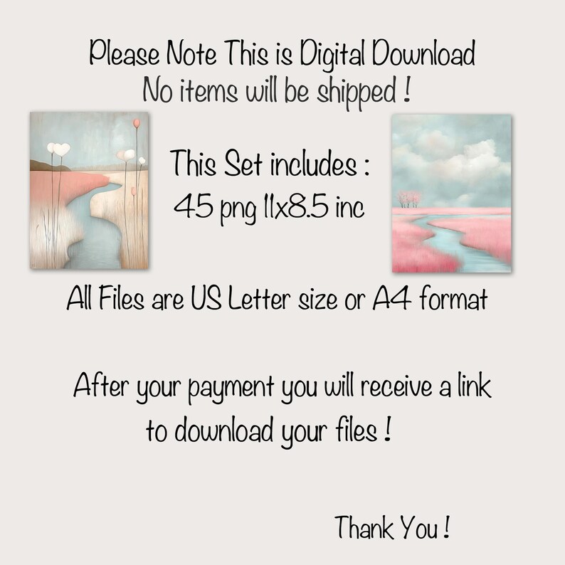 Puede incluir: Un conjunto de descarga digital de 45 ilustraciones de estilo acuarela de un paisaje rosa y azul con un r&iacute;o sinuoso. Las im&aacute;genes miden 11 pulgadas por 8,5 pulgadas y est&aacute;n disponibles en tama&ntilde;o US Letter o A4.