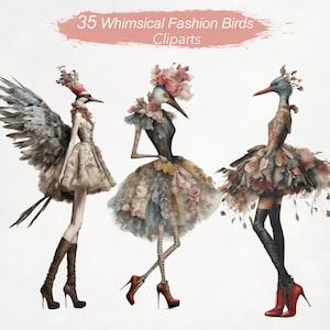 Conjunto de 35 arquivos PNG de clipart de pássaros da moda extravagantes em fundo transparente, folhas para impressão, suprimentos para scrapbook, uso comercial!