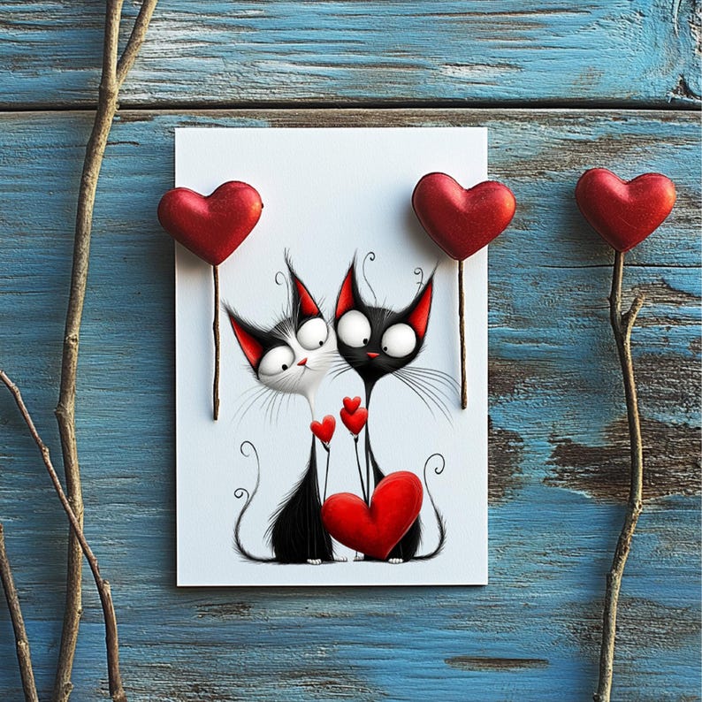 May include: A white and black cat with red hearts in its paws, and a black cat with red hearts in its paws, on a white card with red hearts on sticks.