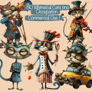 Set von 80 Whimsy Cats Beruf, Job Berufe, png Clipart + Blätter, Kartenherstellung, Collage Kit, Junk Journal, Bücher, Kommerzielle Nutzung!
