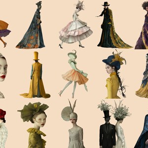 May include: A collage of 15 images featuring people wearing elaborate and unique clothing and hats. The people are posed in various ways, some standing, some sitting, and some dancing. The clothing is a mix of styles, from traditional to modern, and the hats are equally diverse. The overall effect is one of whimsy and fantasy.