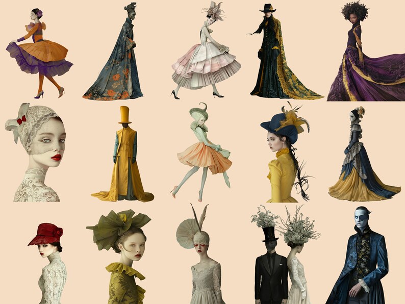 May include: A collage of 15 images featuring people wearing elaborate and unique clothing and hats. The people are posed in various ways, some standing, some sitting, and some dancing. The clothing is a mix of styles, from traditional to modern, and the hats are equally diverse. The overall effect is one of whimsy and fantasy.