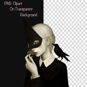 May include: Illustration of a person with pale skin, wearing a black mask and a black dress shirt with a white collar. A black crow perches on the person's shoulder. The image has the text "PNG Clipart On Transparent Background".