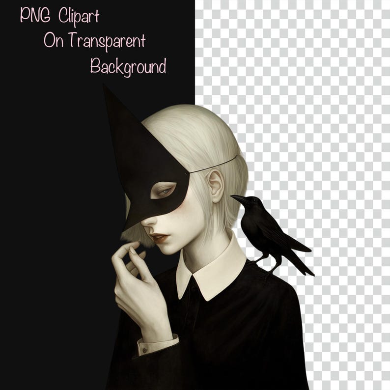 May include: Illustration of a person with pale skin, wearing a black mask and a black dress shirt with a white collar. A black crow perches on the person's shoulder. The image has the text "PNG Clipart On Transparent Background".